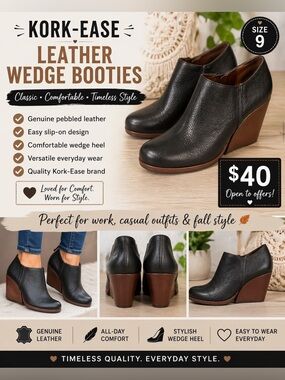 Kork-Ease Black Leather Wedge Booties with Brown Wedge Heel
